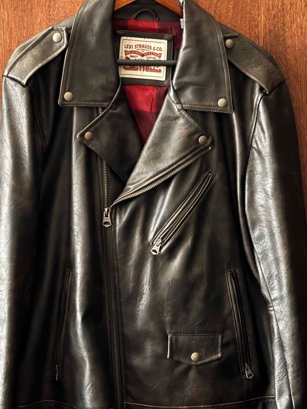 Levi's Brown Faux Leather Bomber Jacket with Red Lining